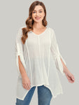 Solid Asymmetrical Hem Cuffed Sleeve Rib Knit T shirt