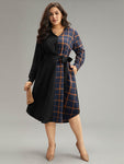 Belted Notched Collar Plaid Print Dress