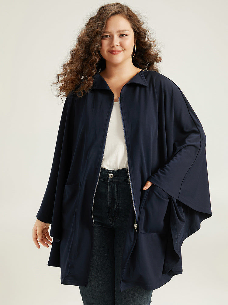 

Plus Size Cover Ups/Kimonos | Plain Zipper Fly Batwing Sleeve Pocket Kimono | BloomChic, Navy