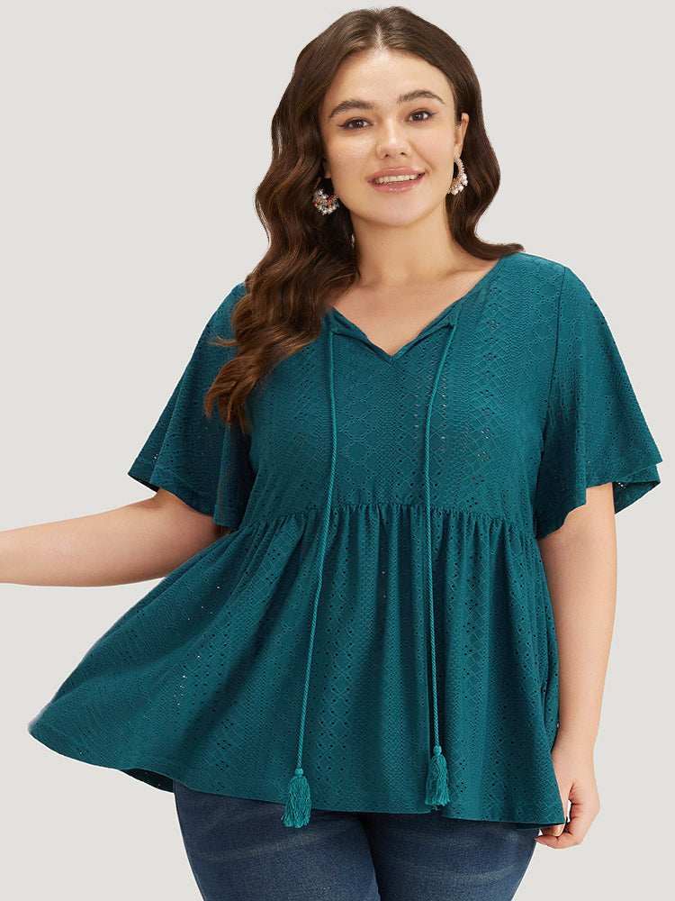 

Plus Size Women Dailywear Plain Knotted Ruffle Sleeve Short sleeve Tie Neck Elegant T-shirts BloomChic, Cyan