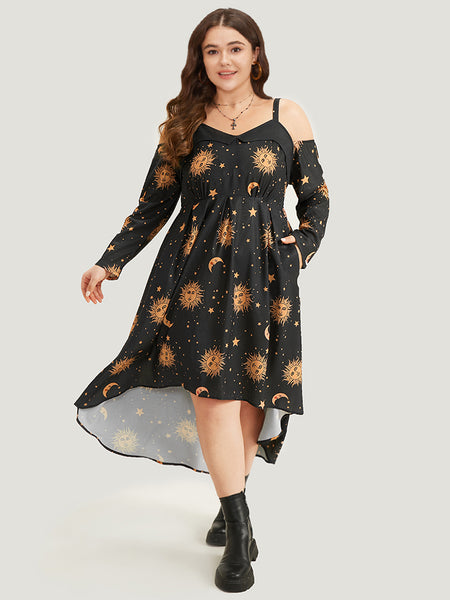 Pocketed Elasticized Waistline Cold Shoulder Sleeves Dress