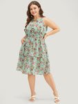 Halter Keyhole Pocketed Tiered Floral Print Dress With Ruffles