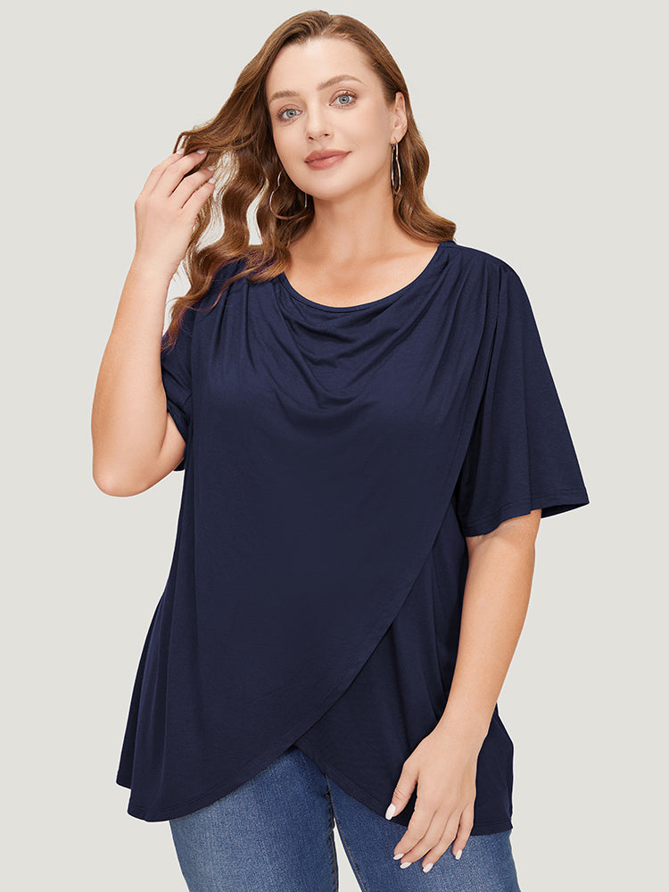 

Plus Size Women Dailywear Plain Wrap Regular Sleeve Short Sleeve Cowl Neck Elegance T-shirts BloomChic, Indigo