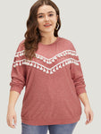 Plain Heather Crew Neck Tassel Trim Sweatshirt