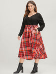 V-neck Knit Pocketed Belted Plaid Print Dress