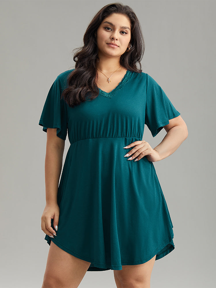 

Plus Size Loungewear | Eyelet Lace Pocket Flutter Curved Hem Sleep Dress | BloomChic, Cyan