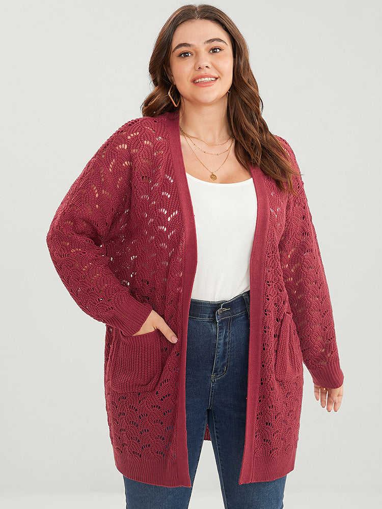 

Plain Pointelle Knit Cut Out Pocket Open Front Mid Long Cardigan BloomChic, Burgundy