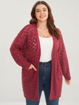 Plain Pointelle Knit Cut Out Pocket Open Front Mid Long Cardigan