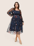 Square Neck Embroidered Lace Mesh Lantern Sleeve Dress