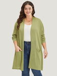 Solid Patched Pocket Open Front Tunic Cardigan
