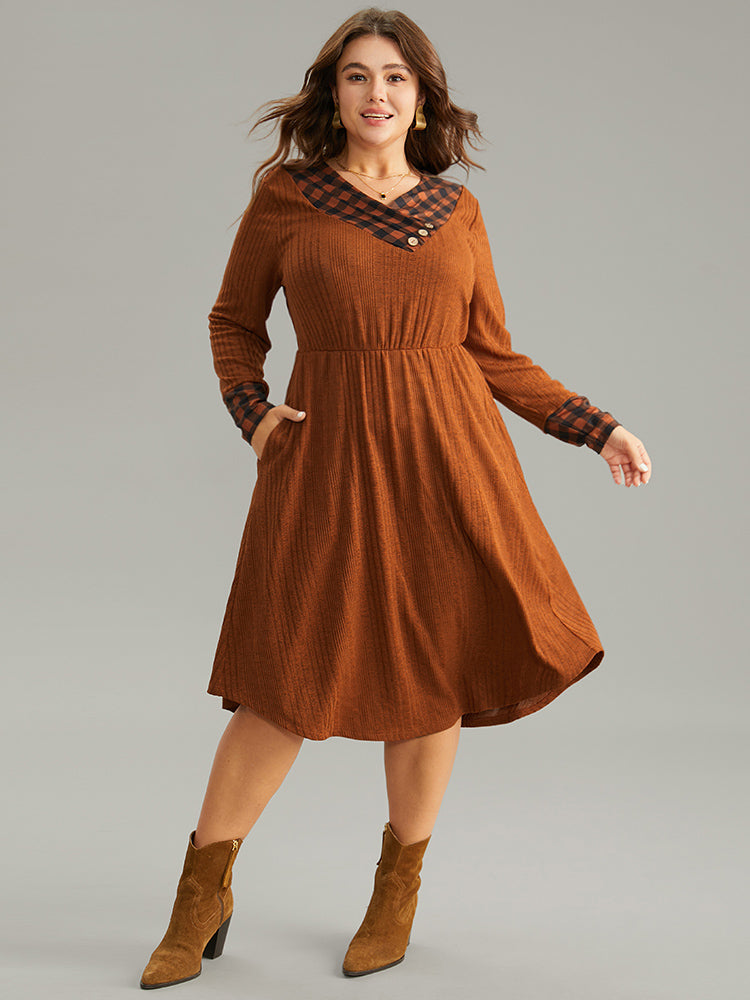 

Plus Size Women Dailywear Plaid Rib Knit Regular Sleeve Long Sleeve V-neck Pocket Casual Dresses BloomChic, Rust