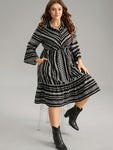 Bell Sleeves Collared Striped Print Dress