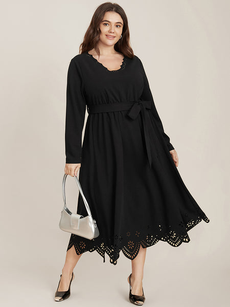 Scalloped Trim Belted Pocketed Midi Dress