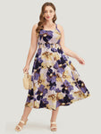 Floral Print Spaghetti Strap Pocketed Shirred Dress With Ruffles