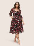 Floral Print Drawstring Mesh Ruched Dress