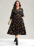 Pocketed Notched Collar Elasticized Waistline General Print Dress