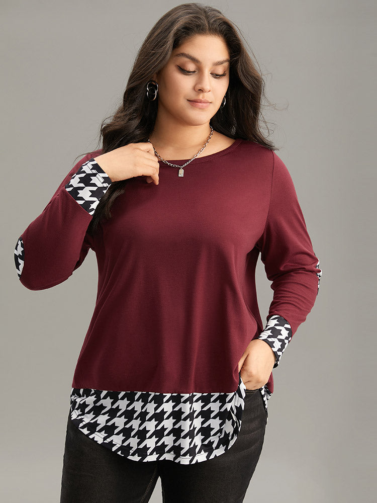 

Plus Size Women Dailywear Houndstooth Contrast Regular Sleeve Long Sleeve Round Neck Casual T-shirts BloomChic, Burgundy