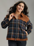 Plaid Patchwork Pocket Lapel Collar Zipper Fly Jacket