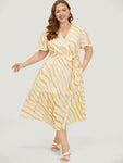 Animal Zebra Print Wrap Belted Pocketed Dress With Ruffles