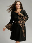 Belted Animal Leopard Print Bell Sleeves Dress