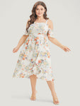 Cold Shoulder Sleeves Floral Print Ruffle Trim Pocketed Dress