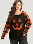 Halloween Print Contrast Round Neck Pullover