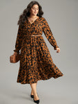 Animal Leopard Print Gathered Collared Dress With Ruffles