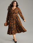 Animal Leopard Print Collared Gathered Dress With Ruffles