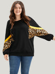 Leopard Patchwork Contrast Lantern Sleeve Sweatshirt