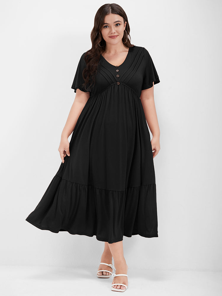 

Plus Size Women Going out Plain Button Ruffle Sleeve Short Sleeve V Neck Pocket Dating Dresses BloomChic, Black