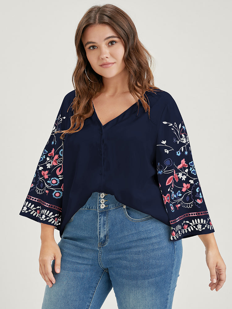 

Plus Size Women Dailywear Bohemian Print Patchwork Bell Sleeve Three Quater Length Sleeve V Neck Elegance Blouses BloomChic, Indigo