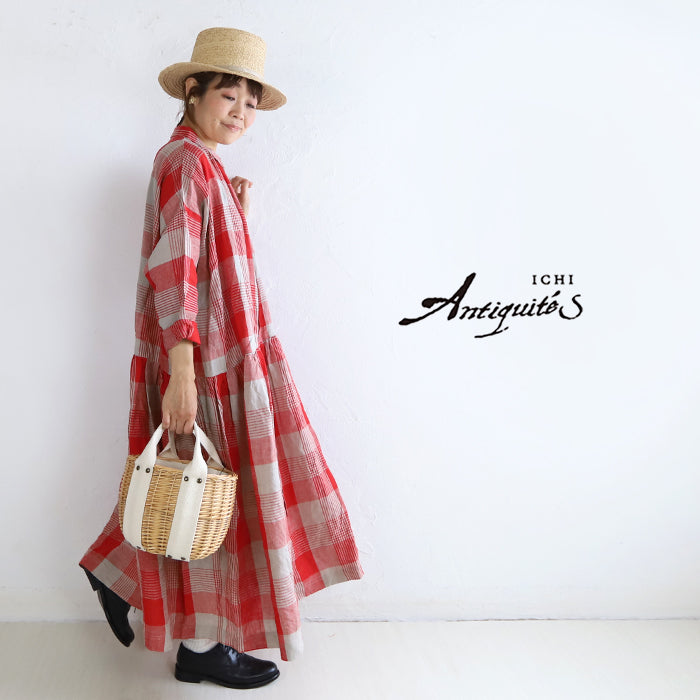 Ichi Antiquites イチアンティークス リネンチェックシャツワンピース