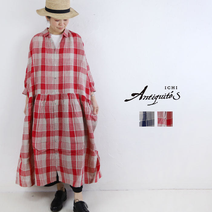 ichi Antiquites♡リネンチェックシャツワンピース | labiela.com