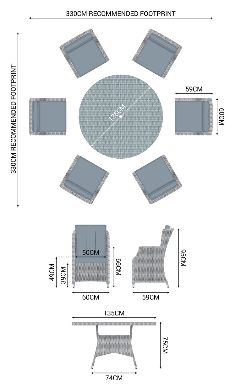 Thalia 6 Seat Round Dining Set Product Dimensions