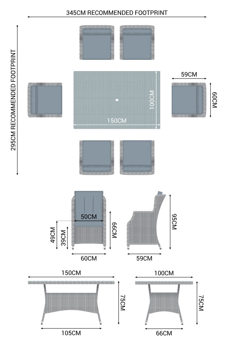 Thalia 6 Seat Rectangular Set Product Dimensions