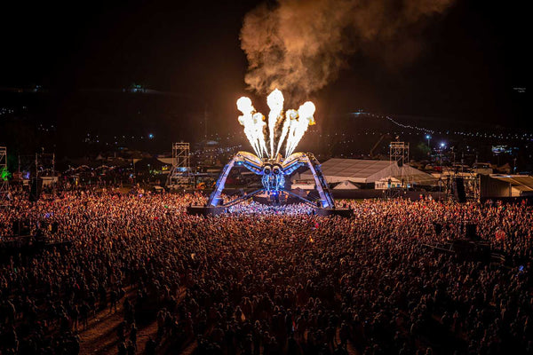 Fire shooting out of the Arcadia stage at Glastonbury