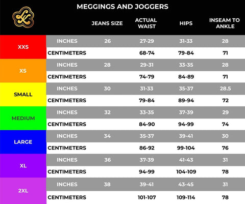 Love Khaos Mens Leggings, meggings and joggers size chart