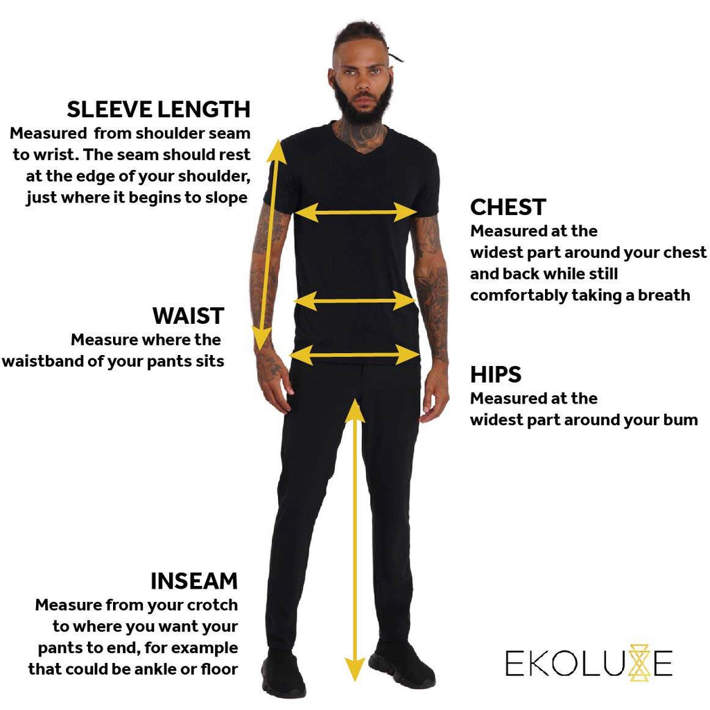 Mens size chart diagram with instructions on how to measure yourself from Ekoluxe