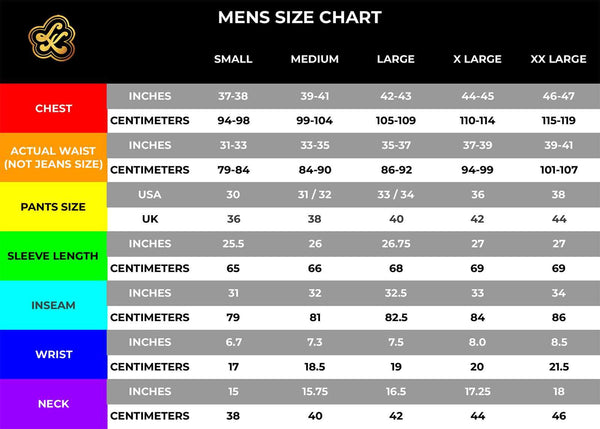 The mens size chart for Love Khaos festival clothing brand