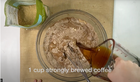 Add in brewed coffee into purdate chocolate cake recipe.