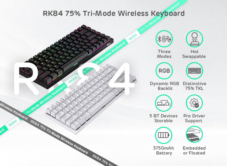 RK ROYAL KLUDGE RK84 Wireless Bluetooth/2.4Ghz 75% RGB Mechanical Gaming Keyboard