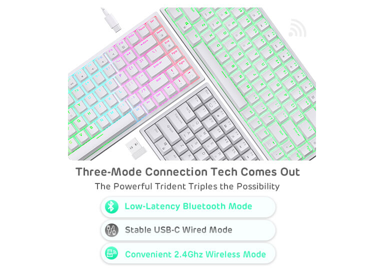 Royal Kludge RK84 keyboard showcasing three mode connection: low-latency Bluetooth, stable USB-C wired, and convenient 2.4GHz wireless, with dynamic RGB backlighting