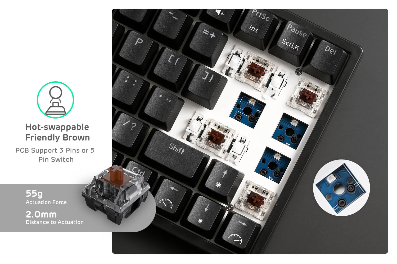 Three Modes Connectable Keyboard with Hot-Swappable Tactile Brown Switch
