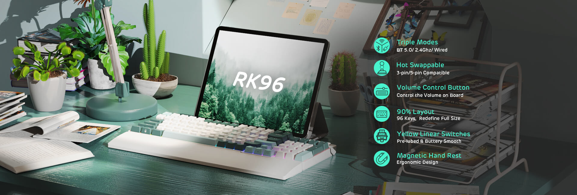 RK ROYAL KLUDGE RK96 RGB Limited Ed, 90% 96 Keys Wireless Triple Mode BT5.0/2.4G/USB-C Hot Swappable Mechanical Keyboard w/Wrist Rest, Software Support & Massive Battery, RK Yellow Switch