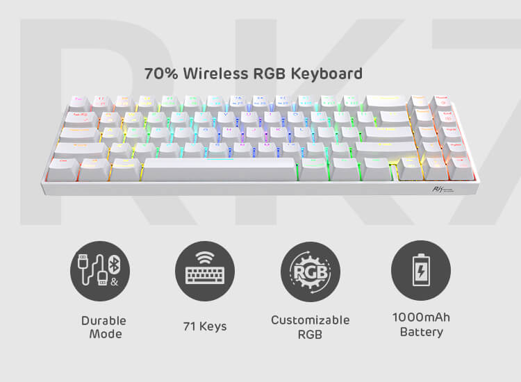 RK ROYAL KLUDGE RK71 70% RGB White Wireless Mechanical Gaming Keyboard with Stand-Alone Arrow Keys & Function Keys