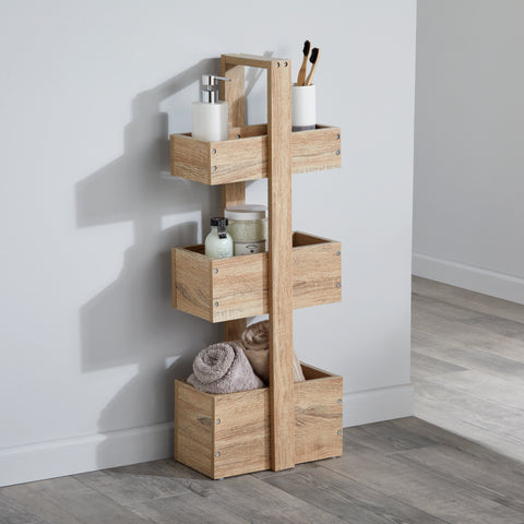 Open brown oak-effect caddy with 3 tiers of box storage