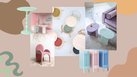 Pastel tones, mint green side table, pastel painted radiators and pastel pink arm chair