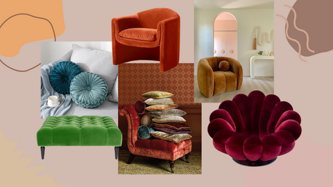 Velvet materials - ruby red scallop shaped armchair, emerald green velvet ottoman and soft velvet pinwheel cushions.