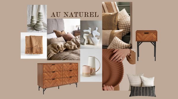 Moodboard for Natural linen materials, dark wood furniture and beautiful ceramics