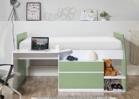 Matilda bed with underbed storage in green and white